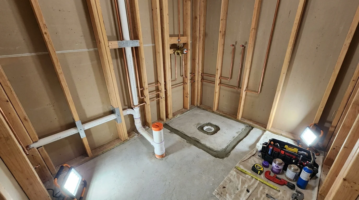 Bathroom rough-in plumbing during remodel by Johns Plumbing LLC in Modesto