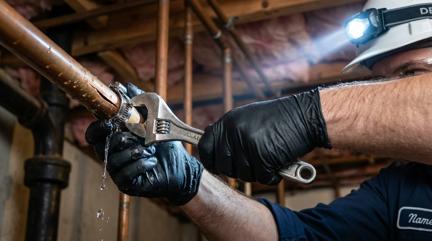 Emergency pipe clamp repair being performed by a Johns Plumbing LLC plumber in Modesto