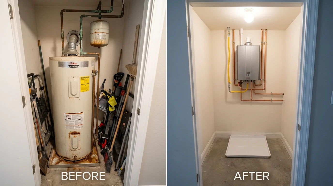 Tank water heater versus wall-mounted tankless unit comparison for Modesto, CA homeowners