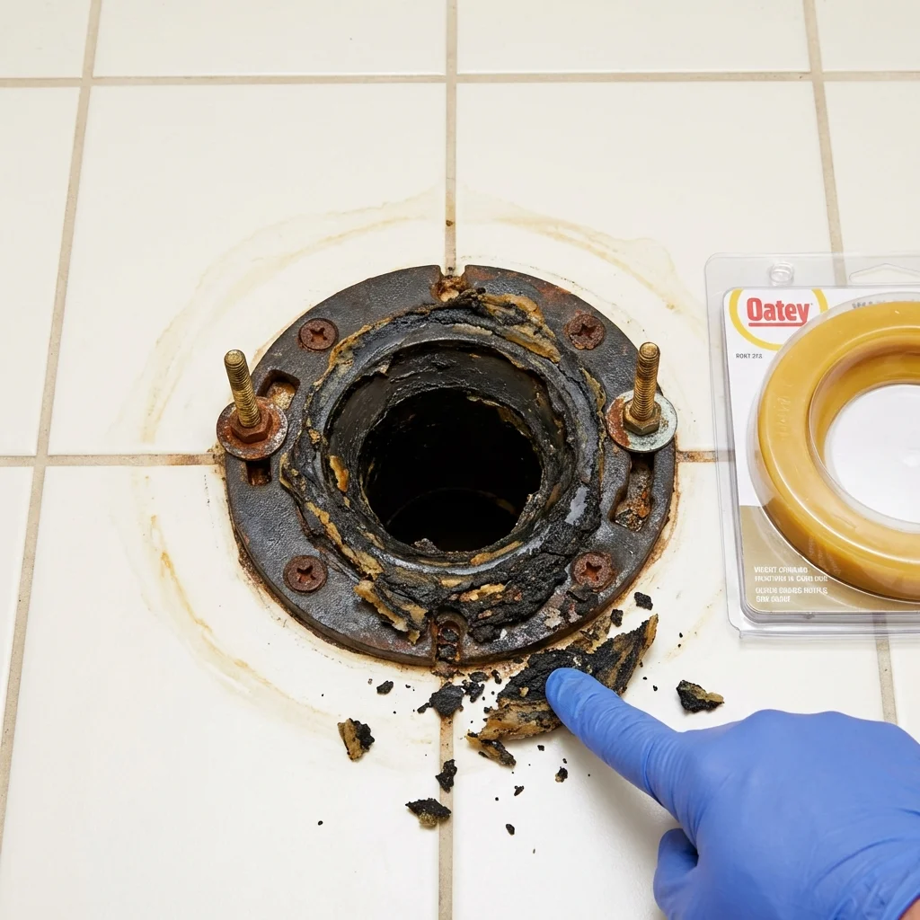 Failed wax ring showing water seepage at the base of a toilet in a Modesto, CA home