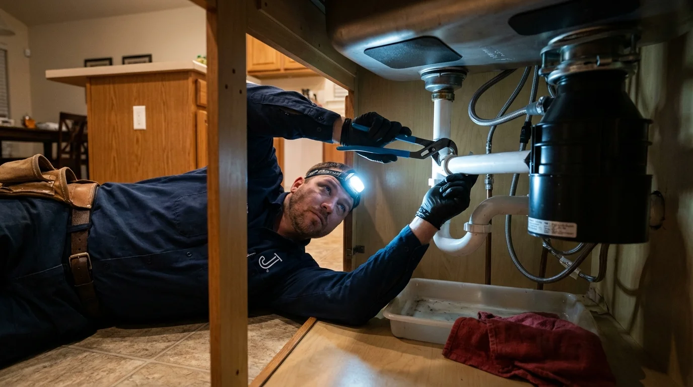 P-trap and supply line connections under a kitchen sink showing a common leak point in Modesto, CA